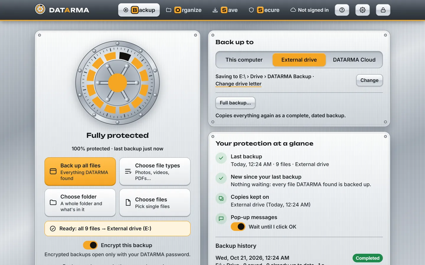 DATARMA in the Original theme with the amber highlight: the Backup tab after a backup