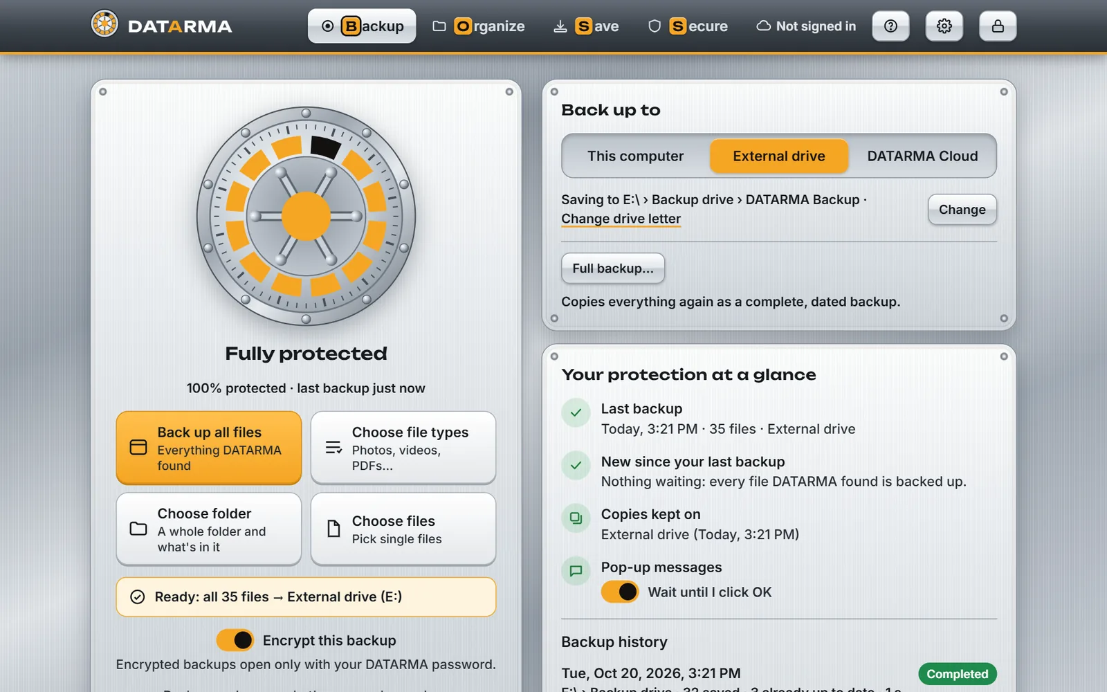 The DATARMA Backup tab: the vault wheel shows Fully protected, next to where to back up and the backup history.