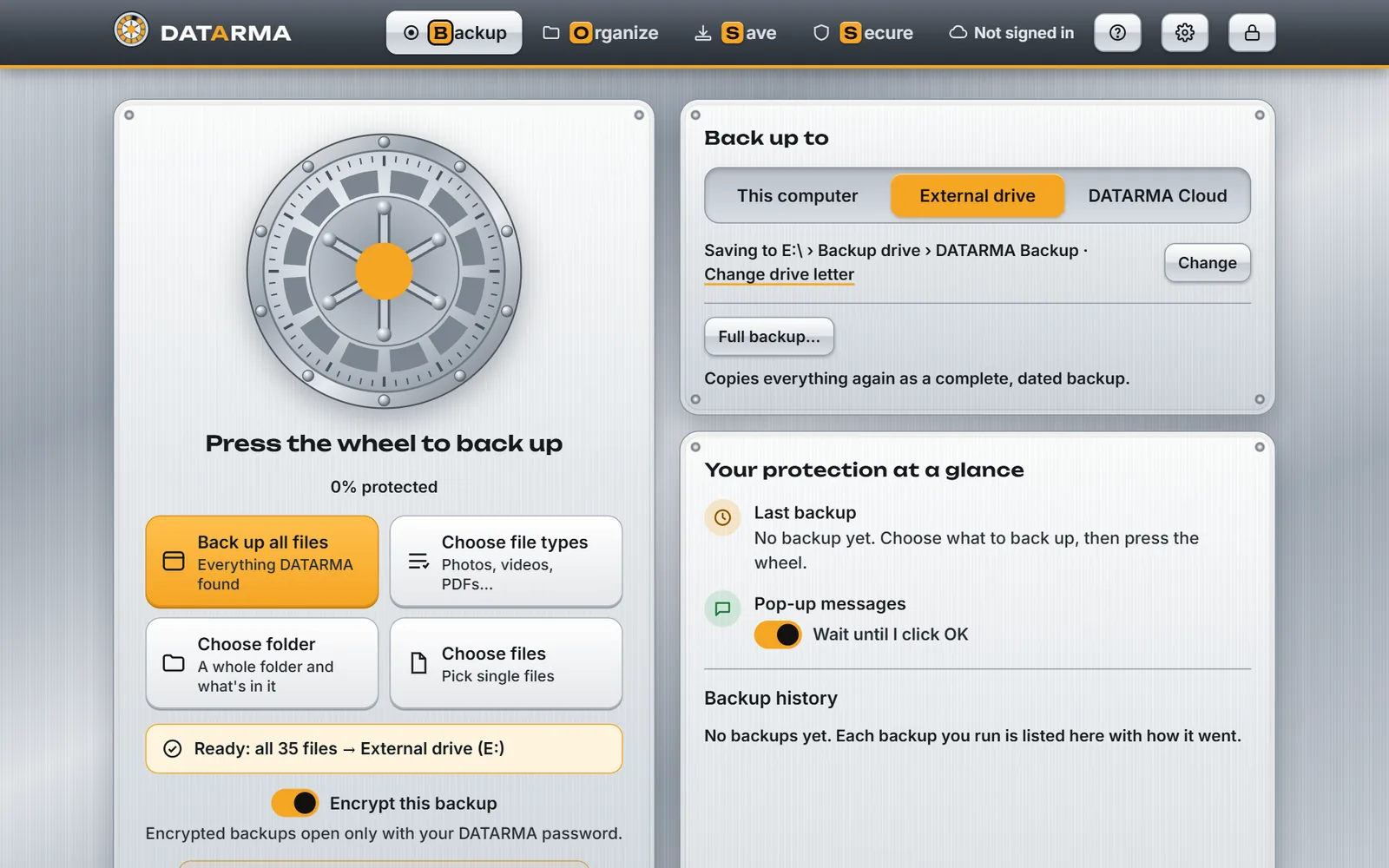 Ready to back up: choose all files, file types, a folder or single files, and press the wheel.