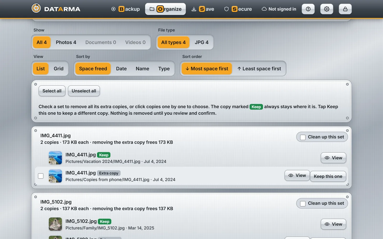 Duplicates: sets of identical files, with the copy to keep marked.