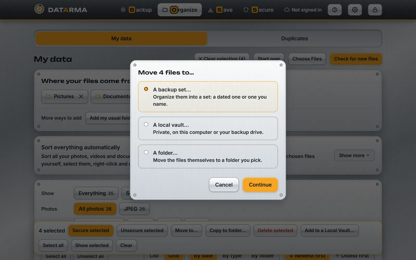 Move 4 files to a backup set, a local vault or a folder.