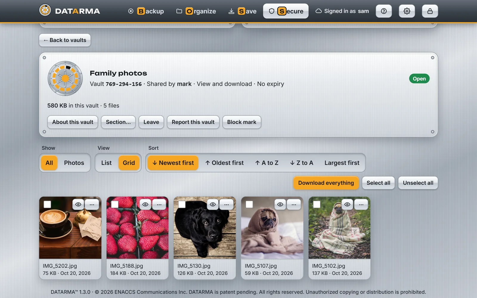 Sam opens the Family photos vault that Mark sent: only the people you choose can open it.