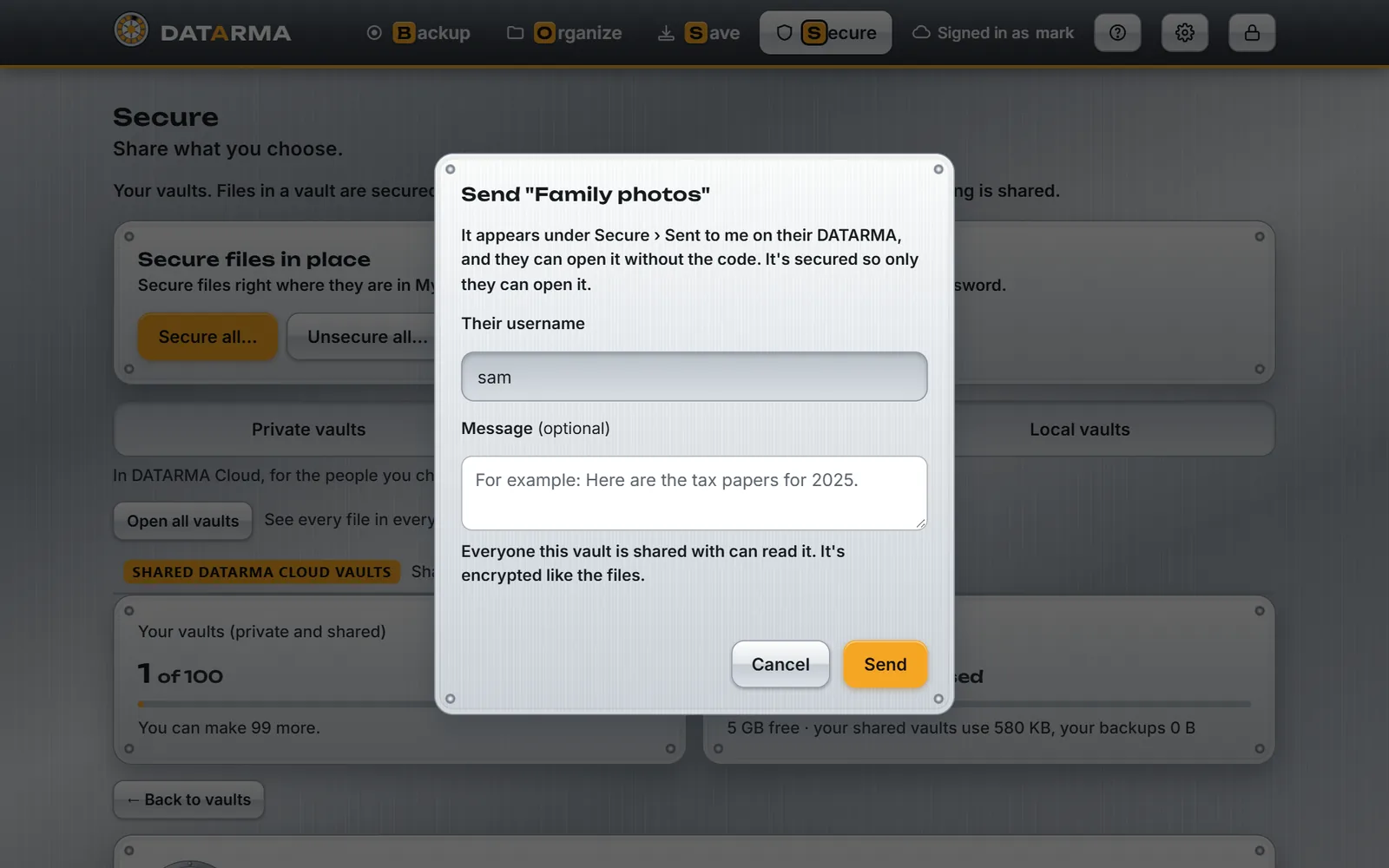 Sending the Family photos vault to sam by username.