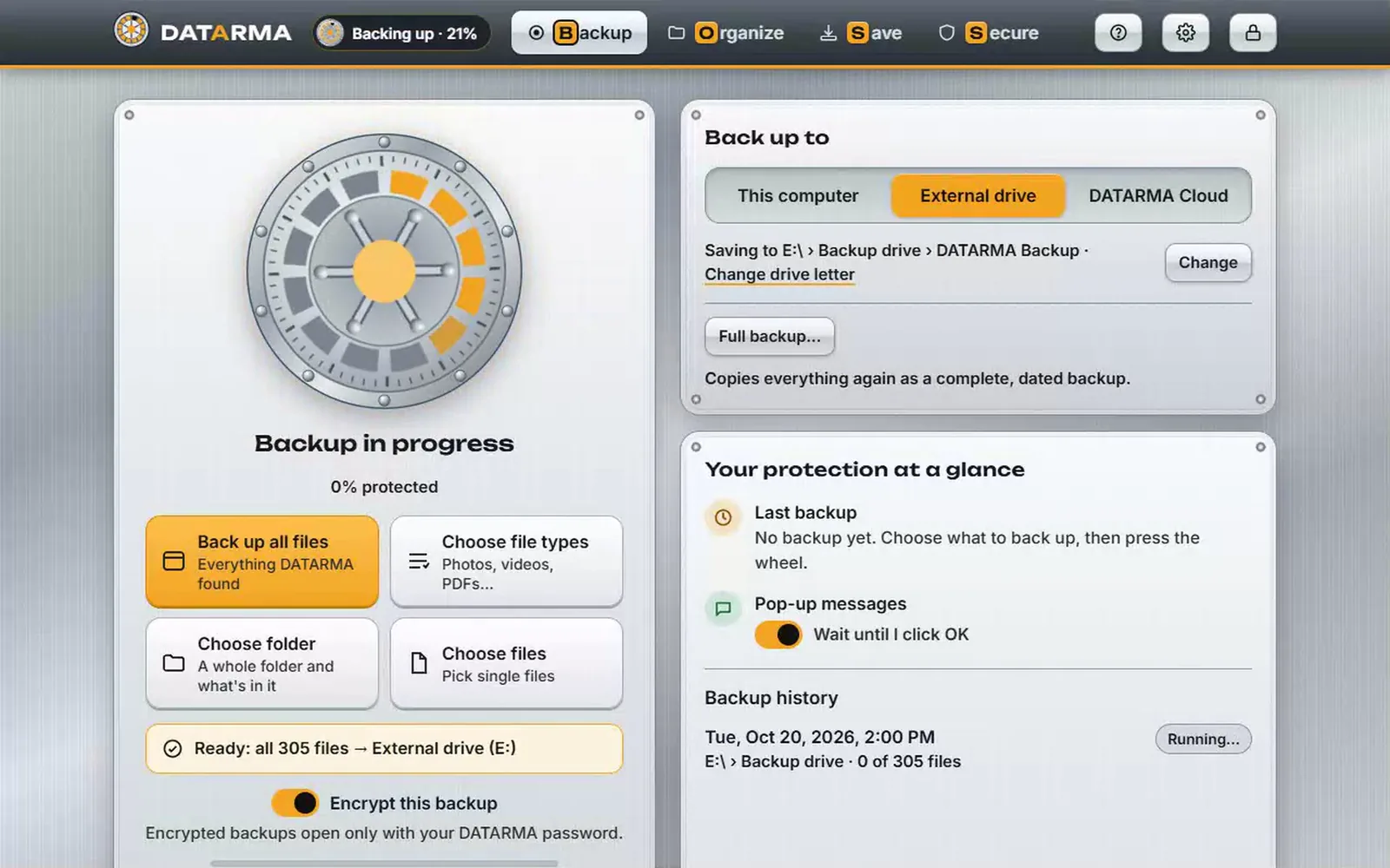Backup in progress: the vault wheel's ring lights up as the backup goes.