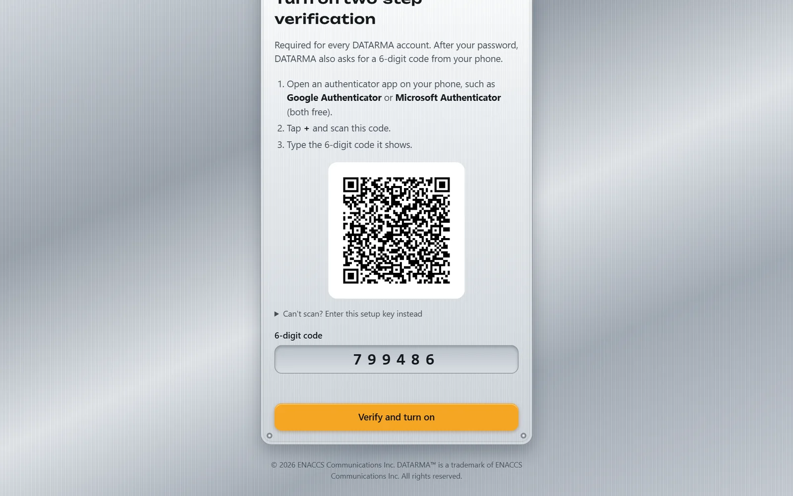 Turning on two-step verification with an authenticator app.