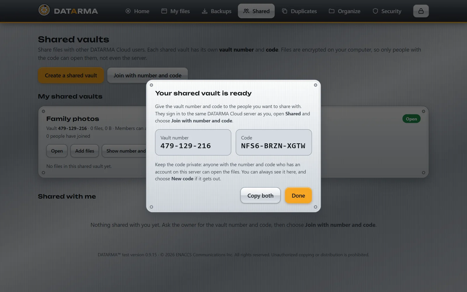 A new shared vault with its vault number and code.